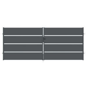 Szara metalowa brama ogrodzeniowa t.b.t. do ogrodu, widok z przodu.