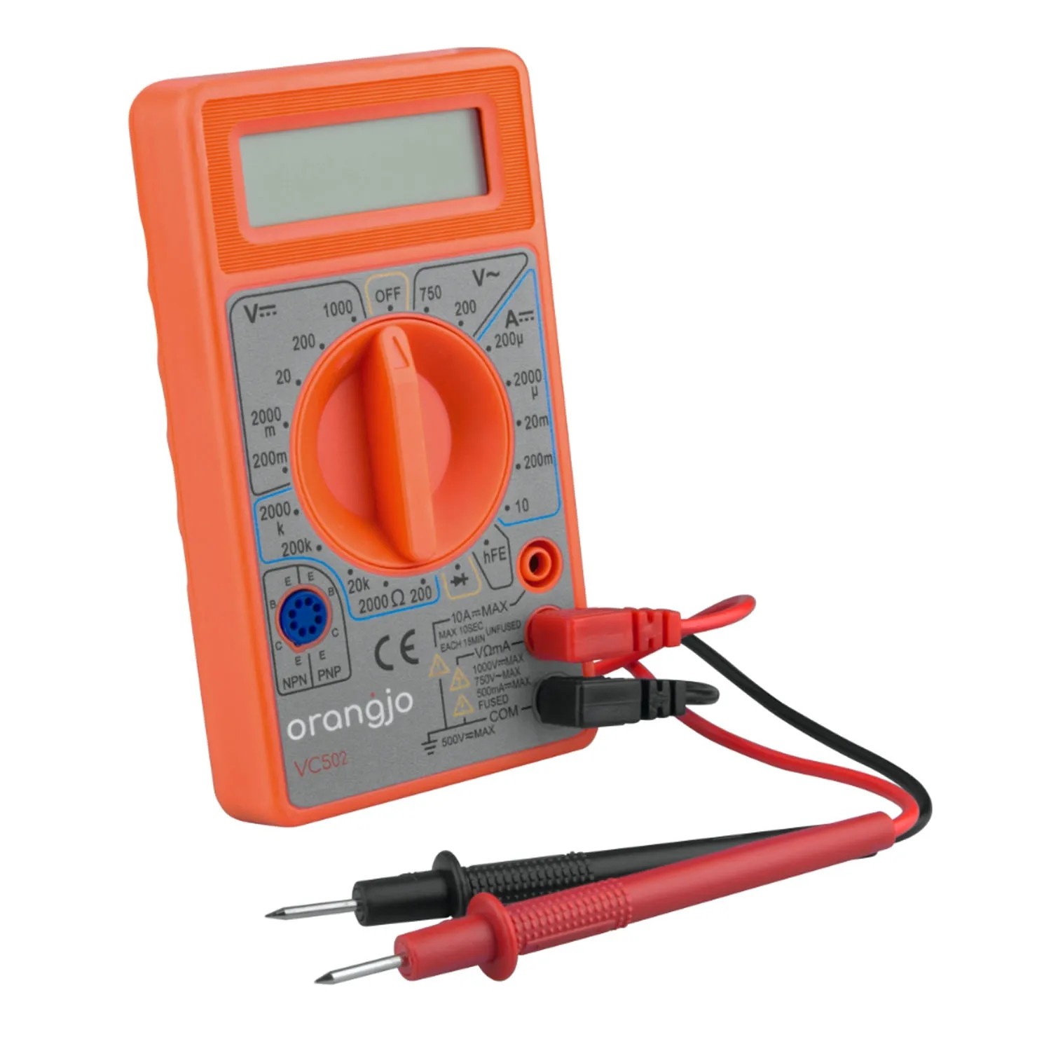 Multimetr Orangjo VC502, pomarańczowy, z przewodami pomiarowymi. Miernik do elektroniki.