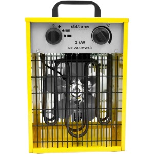 Żółty grzejnik elektryczny z wentylatorem i uchwytem, moc 3 kW.