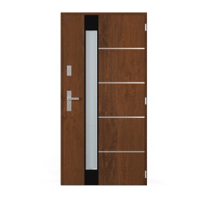 Nowoczesne drzwi zewnętrzne w kolorze drewna z elementem szklanym i aplikacjami ze stali nierdzewnej.