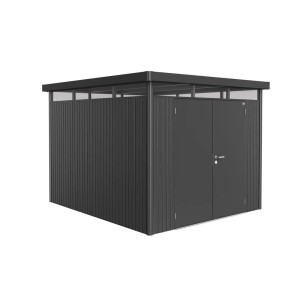 Nowoczesna, ciemnoszara metalowa szopa ogrodowa Biohort HighLine z podwójnymi drzwiami i płaskim dachem.