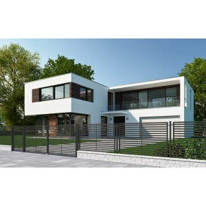 Nowoczesny dom z metalowym ogrodzeniem t.b.t w kolorze antracytowym. Ogrodzenie ogrodowe dla stylowego wyznaczenia granic posesji.