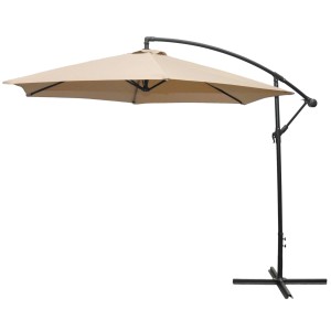 Beżowy parasol na wysięgniku z czarną ramą. Idealny do ogrodu i na taras.
