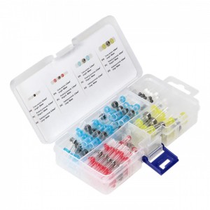 Zestaw złączek termokurczliwych w pudełku: Różne rozmiary i kolory do połączeń kablowych.