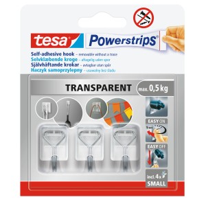 Tesa Powerstrips haczyki samoprzylepne, transparentne, 4 sztuki, udźwig do 0,5 kg.