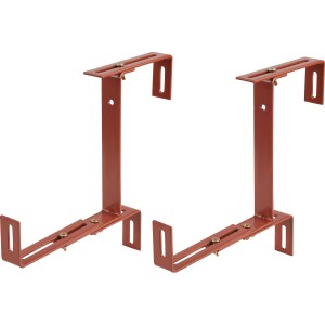 Dwa terakotowe, regulowane stalowe uchwyty do skrzynek balkonowych na ścianę o grubości 4-14 cm.