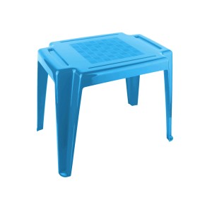 Niebieski stolik dziecięcy do mebli ogrodowych, plastikowy stolik ze wzorem szachownicy.