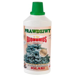Butelka nawozu do iglaków Biohumus Extra dla zdrowych iglaków.