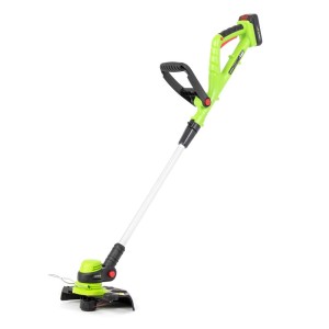 Akumulatorowa podkaszarka t.b.t. w kolorze zielono-czarnym.