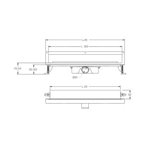 Rysunek techniczny odpływu ściennego do pryszniców z wymiarami.