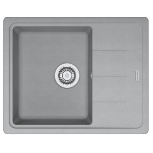 Szary zlewozmywak granitowy t.b.t. z ociekaczem i okrągłym odpływem.