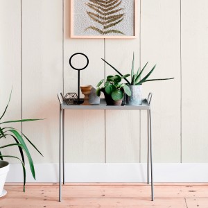 Dekoracyjny stolik t.b.t. Emalie kolorowe z roślinami i przedmiotami dekoracyjnymi.