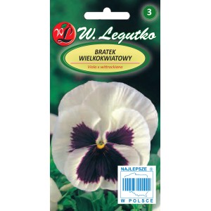 Opakowanie nasion bratka z białym i fioletowym kwiatem.