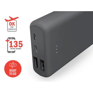 Szary power bank t.b.t. do urządzeń mobilnych, z portami USB i wskaźnikiem LED.