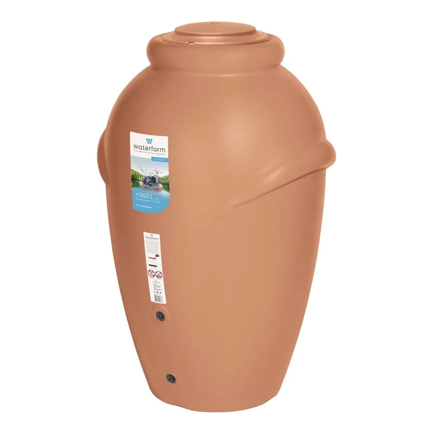 Terracotta Waterform Aquacan 360 l beczka na deszczówkę, kształt amfory, z pokrywą i opcjami podłączenia.