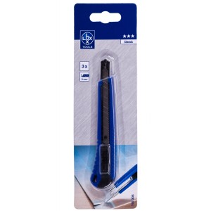 Nóż segmentowy LUX 9 mm z niebieską obudową z tworzywa sztucznego, zawiera 3 ostrza.