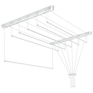 Biała suszarka sufitowa t.b.t. z wieloma prętami do suszenia.