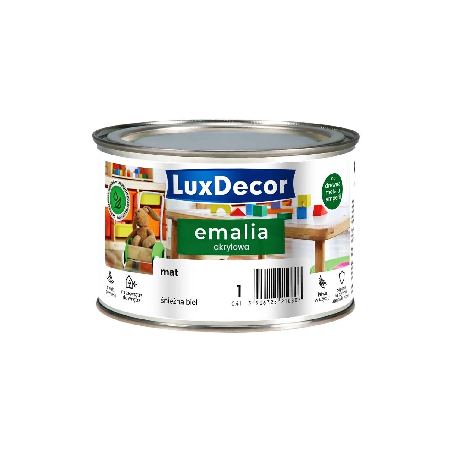 LuxDecor Emalia akrylowa do drewna i metalu mat śnieżna biel 400 ml