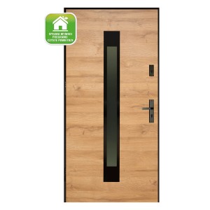 Nowoczesne drzwi zewnętrzne z drewnopodobnym wykończeniem i wstawką szklaną.
