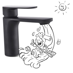 Czarna bateria umywalkowa z komiksową ilustracją symbolizującą czyszczenie.