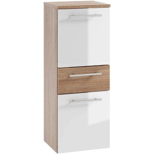 Wysoka szafka łazienkowa z białymi frontami, dekor drewniany, szuflada, idealna do małych łazienek.