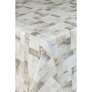 Obrus z efektem drewna, kwadratowy wzór w odcieniach beżu i szarości.