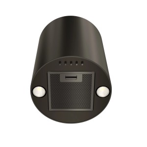 Czarny, cylindryczny okap ścienny z wbudowanym oświetleniem.