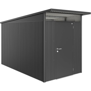 Ciemnoszara metalowa szopa ogrodowa Biohort AvantGarde A4 ze standardowymi drzwiami. Szopy ogrodowe do przechowywania na zewnątrz.