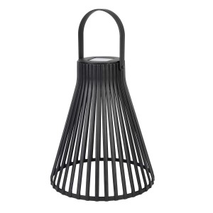 Czarny lampion solarny o stożkowym kształcie z uchwytem.