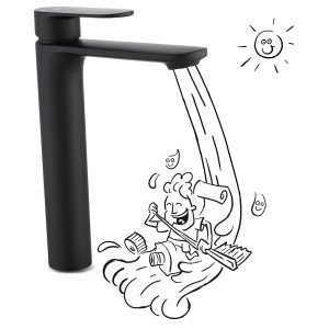 Czarna bateria umywalkowa t.b.t. ze stylizowaną ilustracją wody.