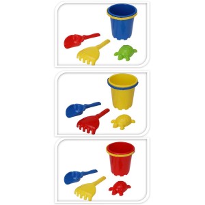 Wielokolorowy zestaw zabawek dla dzieci: wiaderko, łopatka, grabki i żółw.