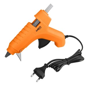 Pomarańczowy pistolet do kleju NEO Tools z czarnym kablem.
