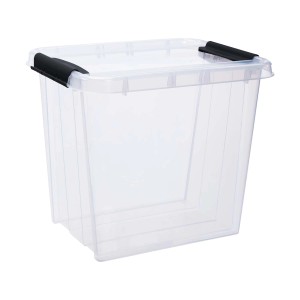 Przezroczyste pudełko do przechowywania t.b.t. z czarnym zamknięciem.