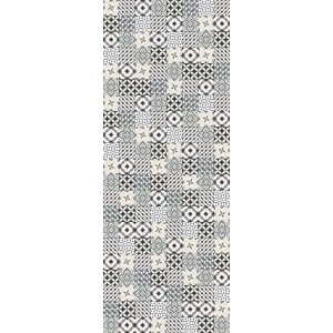 Panel ścienny t.b.t. z wzorem patchwork w odcieniach szarości, beżu i czerni.