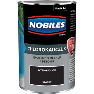 Puszka czarnej farby Nobile Chlorokautschuk do metalu i betonu o wysokim połysku.