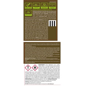 Etykieta puszki z lazurą do drewna firmy t.b.t. z informacjami o produkcie i instrukcjami bezpieczeństwa.