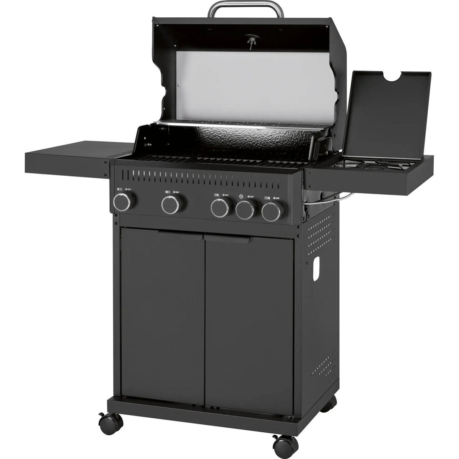 Czarny grill gazowy t.b.t. z półkami bocznymi i szafką.