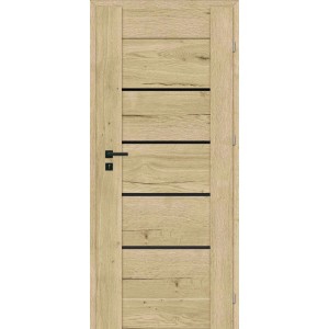 Nowoczesne drzwi wewnętrzne t.b.t. w kolorze drewna z czarnymi akcentami.