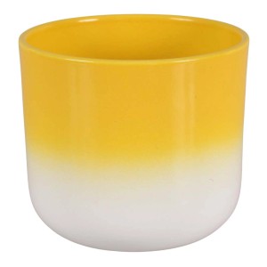Żółto-biała doniczka t.b.t. do użytku wewnątrz i na zewnątrz.