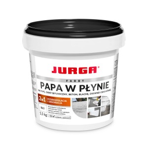 Wiadro z płynnym tworzywem sztucznym Jurga do pokryć bitumicznych, biała farba.