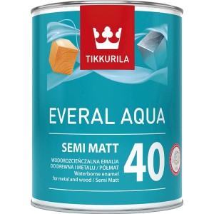 Turkusowa puszka farby Tikkurila Everal Aqua, do drewna i metalu, półmat.