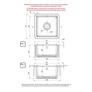 Rysunek techniczny zlewozmywaka z wymiarami do instalacji.