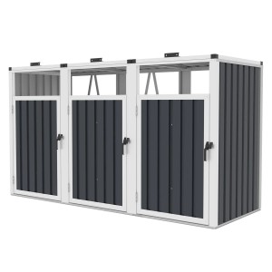 Szary pojemnik na odpady t.b.t. na trzy pojemniki z białymi ramami.