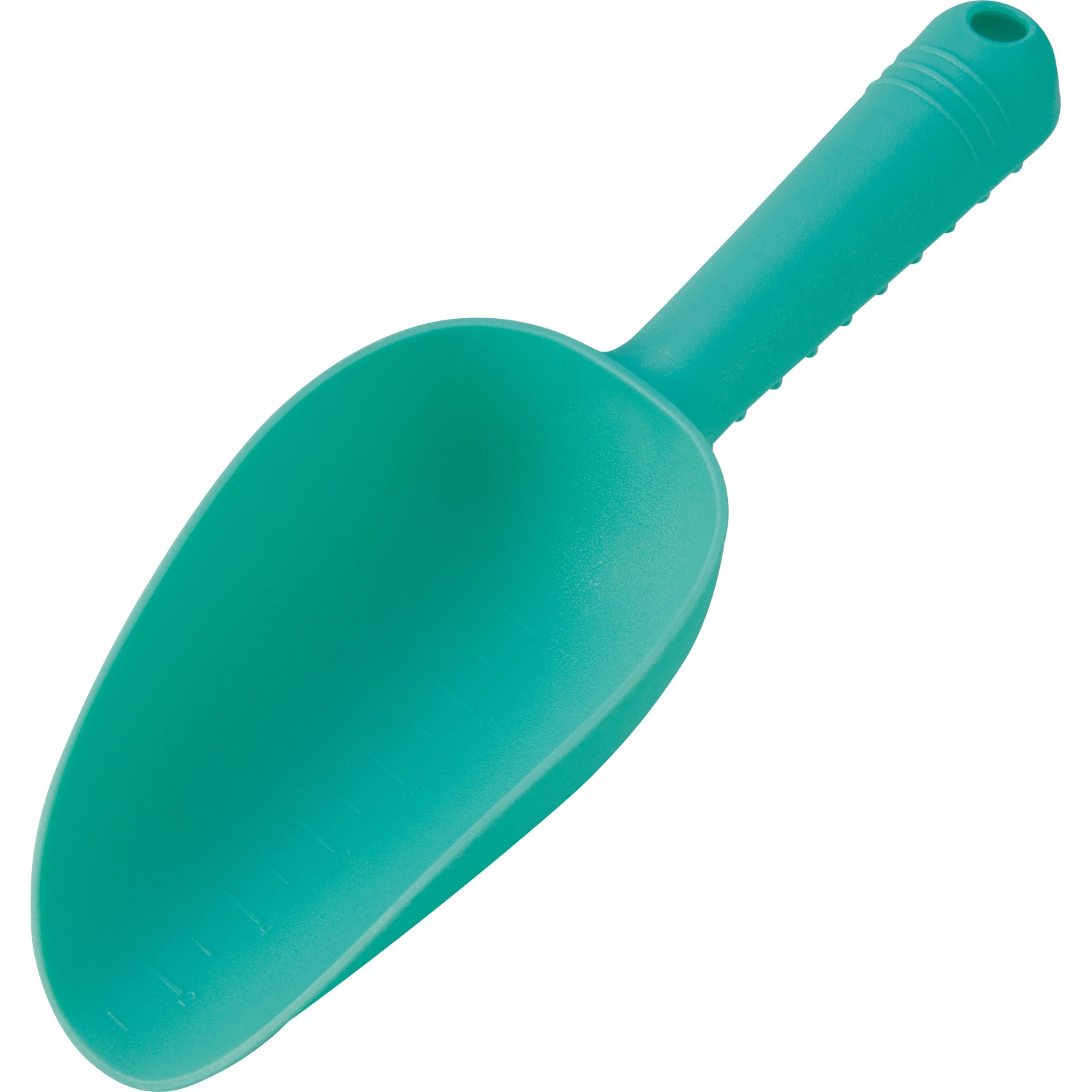 Turkusowa plastikowa łopatka ręczna ze skalą do prac ogrodowych.