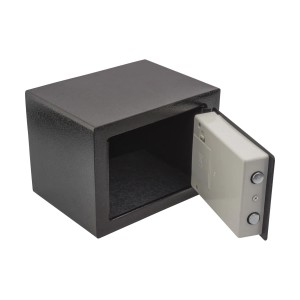 Otwarty, czarny sejf t.b.t. z zamkiem elektronicznym.