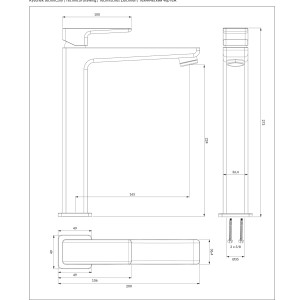 Rysunek techniczny baterii umywalkowej t.b.t. z wymiarami.