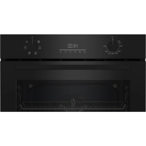 Czarny piekarnik do zabudowy z wyświetlaczem cyfrowym i pokrętłami.