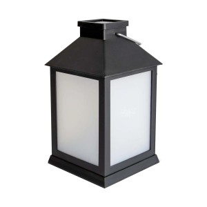 Czarny lampion solarny z białymi panelami do ogrodu.