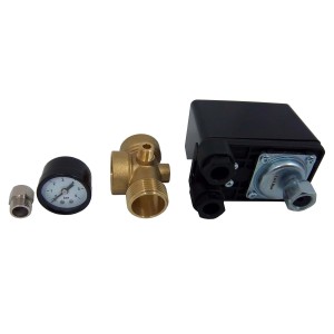 t.b.t. do pomp elektrycznych i instalacji wodnych, składający się z wyłącznika ciśnieniowego, manometru i mosiężnej złączki.