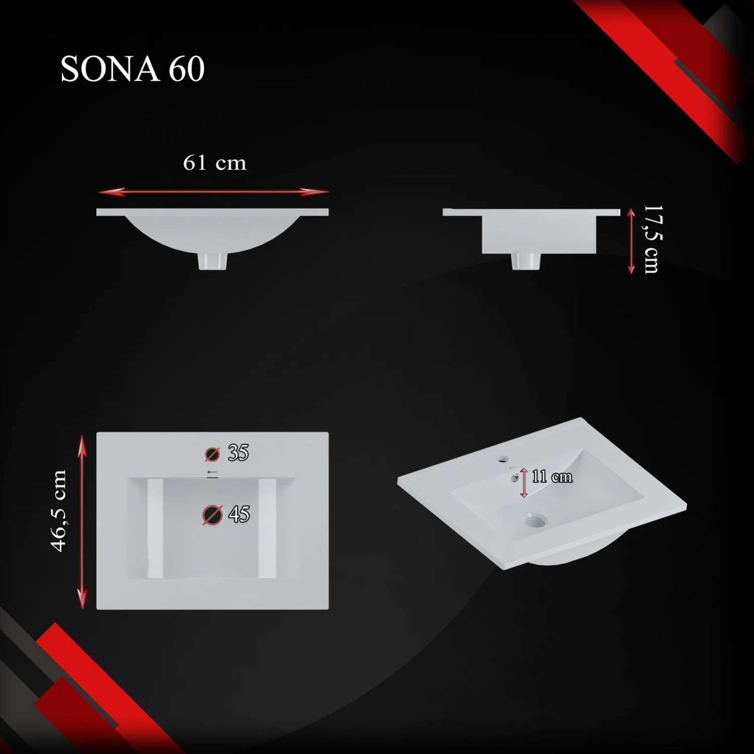 Umywalka SONA wpuszczana 60 prostokątna 60x17x46_10
